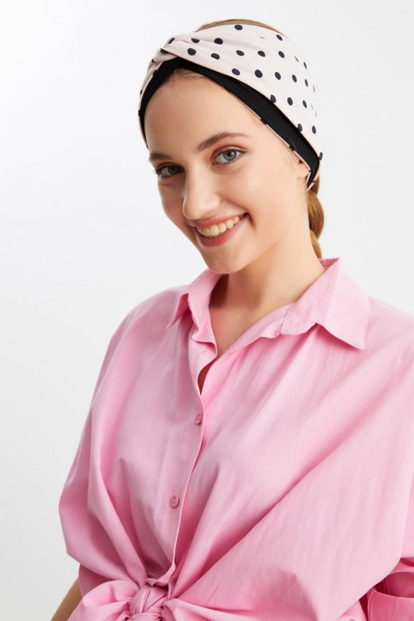 Pudra-Siyah  Kadın Trend Style Pamuklu Penye, Kaymaz, Yumuşak, Esnek, Saç Bandı Bandana - Resim 2