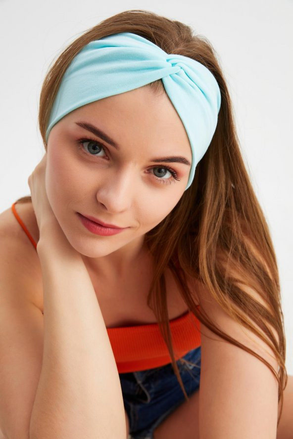 Mavi Kadın Çapraz Bağlamalı Pamuklu Penye, Kaymaz, Yumuşak, Esnek, Saç Bandı Bandana ürün görseli 1
