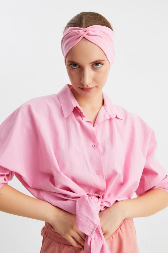 Pembe Kadın Çapraz Bağlamalı Pamuklu Penye, Kaymaz, Yumuşak, Esnek, Saç Bandı Bandana - 2
