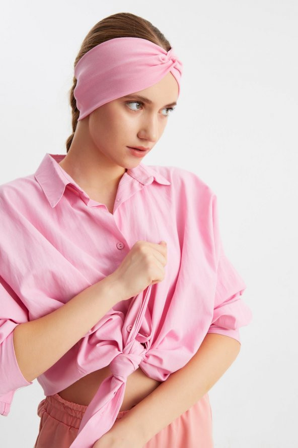 Pembe Kadın Çapraz Bağlamalı Pamuklu Penye, Kaymaz, Yumuşak, Esnek, Saç Bandı Bandana - 3