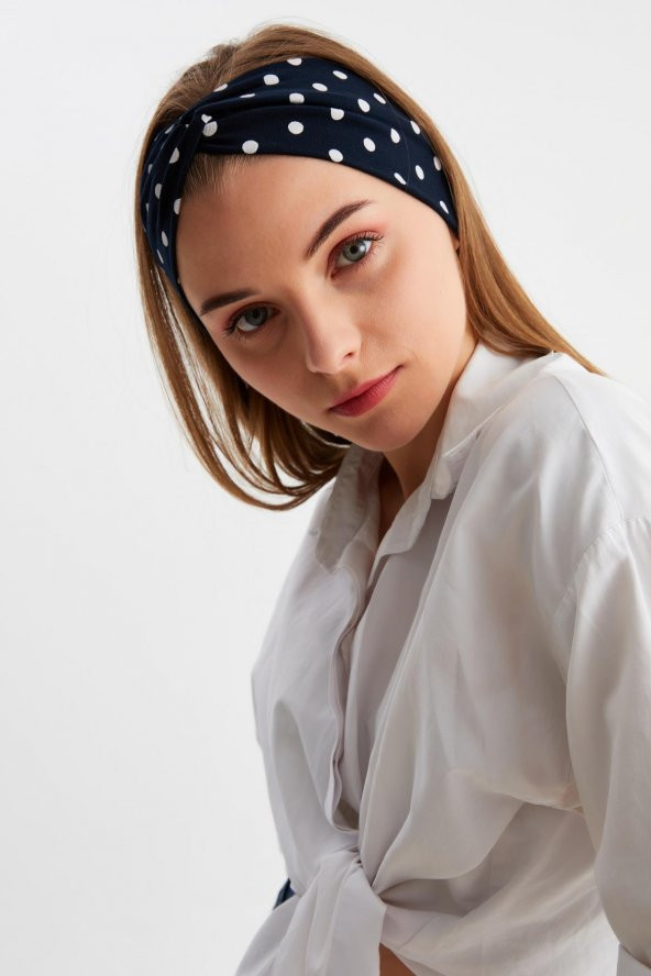 Lacivert Puantiye Kadın Çapraz Bağlamalı Pamuklu Penye, Kaymaz, Yumuşak, Esnek, Saç Bandı Bandana - 3