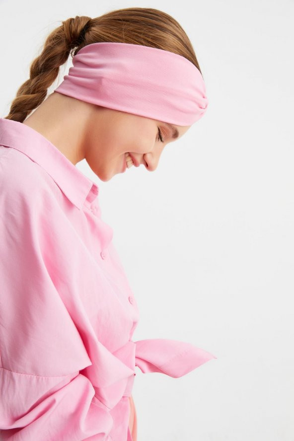Pembe Kadın Çapraz Bağlamalı Pamuklu Penye, Kaymaz, Yumuşak, Esnek, Saç Bandı Bandana - 4