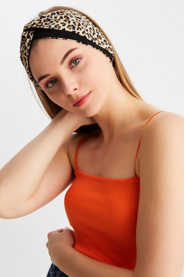 Leopar-Siyah  Kadın Trend Style Pamuklu Penye, Kaymaz, Yumuşak, Esnek, Saç Bandı Bandana - Resim 2