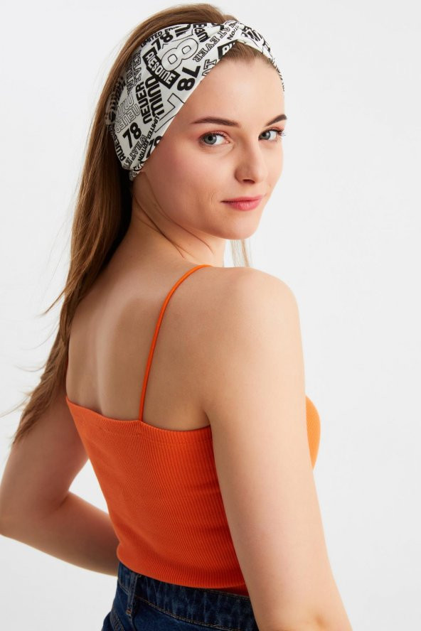 Beyaz Desen Kadın Çapraz Bağlamalı Pamuklu Penye, Kaymaz, Yumuşak, Esnek, Saç Bandı Bandana - Resim 3