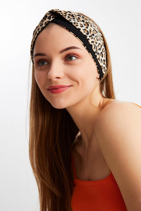 Leopar-Siyah  Kadın Trend Style Pamuklu Penye, Kaymaz, Yumuşak, Esnek, Saç Bandı Bandana - Resim 4