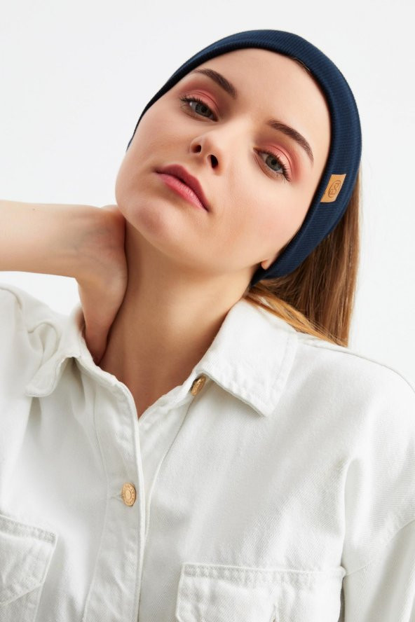 Lacivert Kadın Pamuklu Kaşkorse, Kaymaz, Terletmez, Ultra Hafif, Spor Saç Bandı Bandana Buff - Resim 3