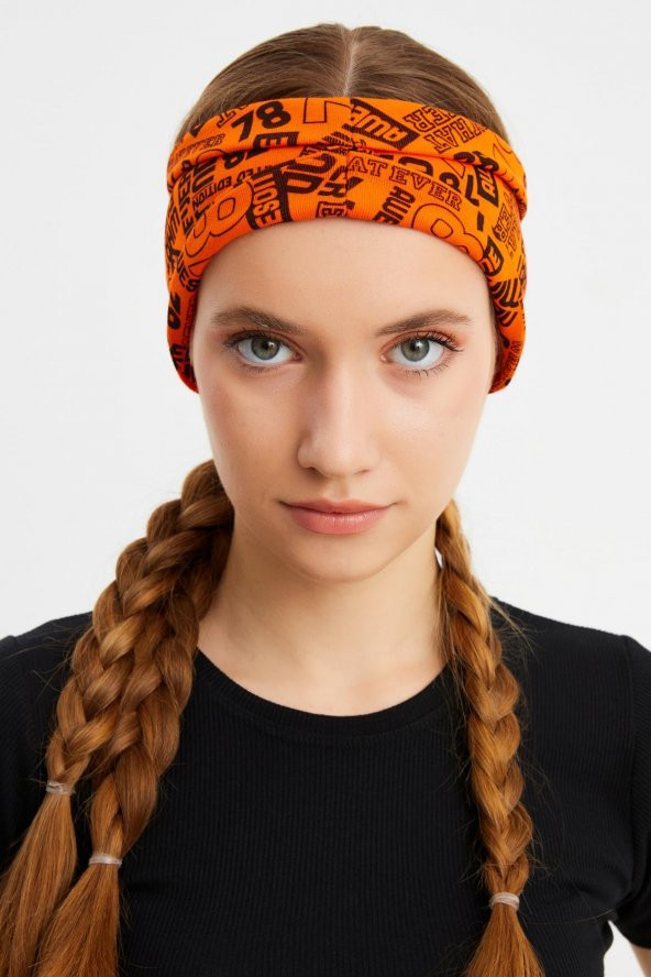 Turuncu Kadın ÇİFT TARAFLI kullanım alternatifli, Pamuklu Penye, Kaymaz, Hafif, Spor Saç Bandı Bandana - 2