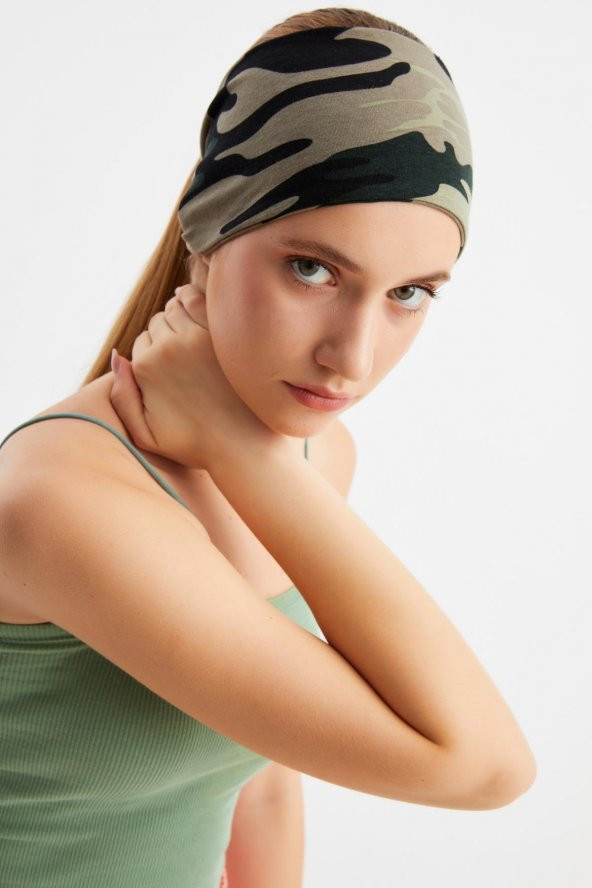 Kamuflaj Kadın ÇİFT TARAFLI kullanım alternatifli, Pamuklu Penye, Kaymaz, Hafif, Spor Saç Bandı Bandana - 2