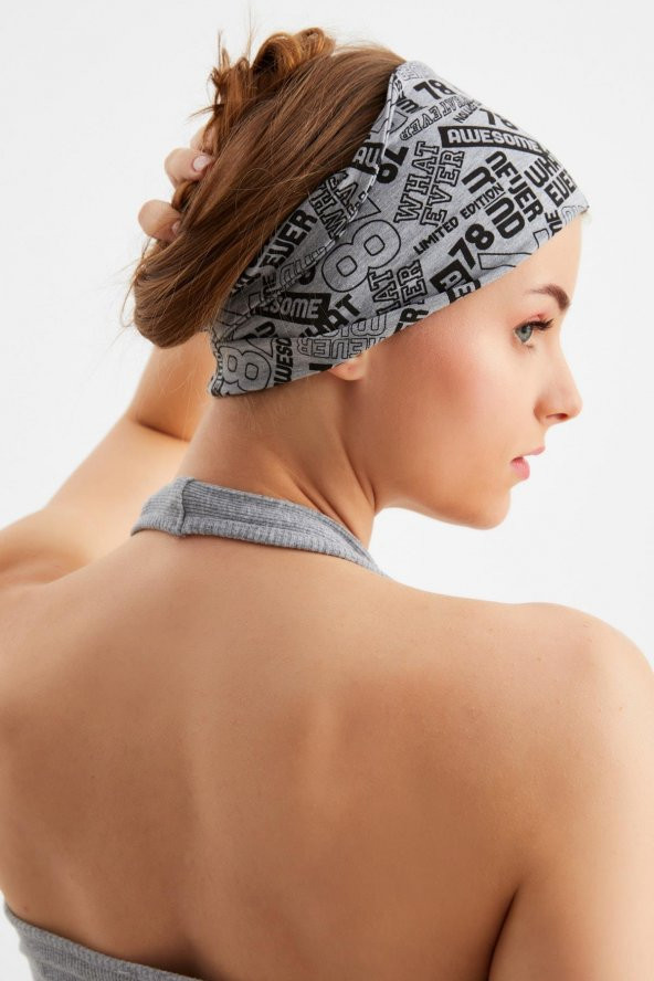 Gri Kadın Çift Taraflı Kullanım Alternatifli, Pamuklu Penye, Kaymaz, Hafif, Spor Saç Bandı Bandana - 8