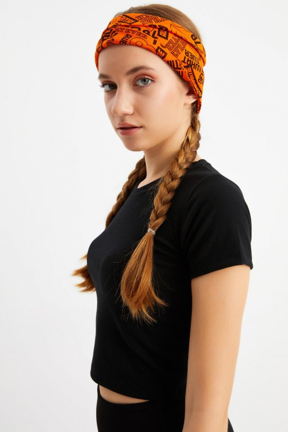 Turuncu Kadın ÇİFT TARAFLI kullanım alternatifli, Pamuklu Penye, Kaymaz, Hafif, Spor Saç Bandı Bandana - 6