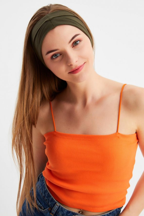 Haki  Kadın ÇİFT TARAFLI kullanım alternatifli, Pamuklu Penye, Kaymaz, Hafif, Spor Saç Bandı Bandana ürün görseli 1