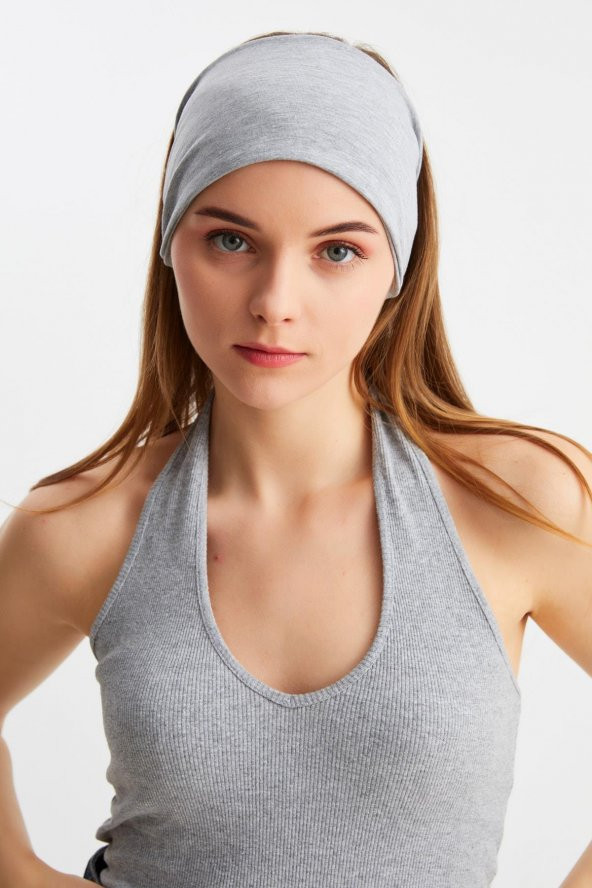 Açık Gri Kadın Çift Taraflı Kullanım Alternatifli, Pamuklu Penye, Kaymaz, Hafif, Spor Saç Bandı Bandana - 1