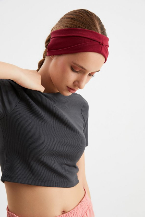 Bordo  Kadın ÇİFT TARAFLI kullanım alternatifli, Pamuklu Penye, Kaymaz, Hafif, Spor Saç Bandı Bandana - Resim 4