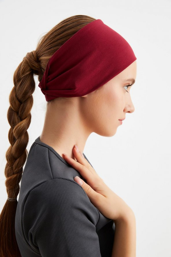 Bordo  Kadın ÇİFT TARAFLI kullanım alternatifli, Pamuklu Penye, Kaymaz, Hafif, Spor Saç Bandı Bandana - Resim 5