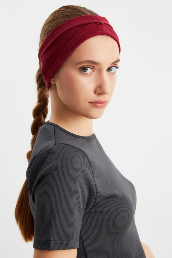 Bordo  Kadın ÇİFT TARAFLI kullanım alternatifli, Pamuklu Penye, Kaymaz, Hafif, Spor Saç Bandı Bandana - Resim 6