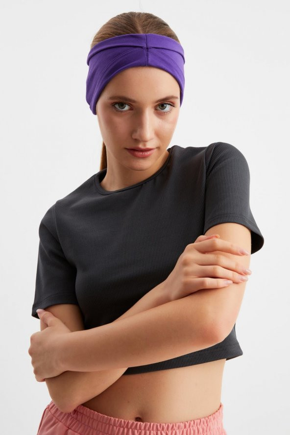 Mor  Kadın ÇİFT TARAFLI kullanım alternatifli, Pamuklu Penye, Kaymaz, Hafif, Spor Saç Bandı Bandana ürün görseli 1