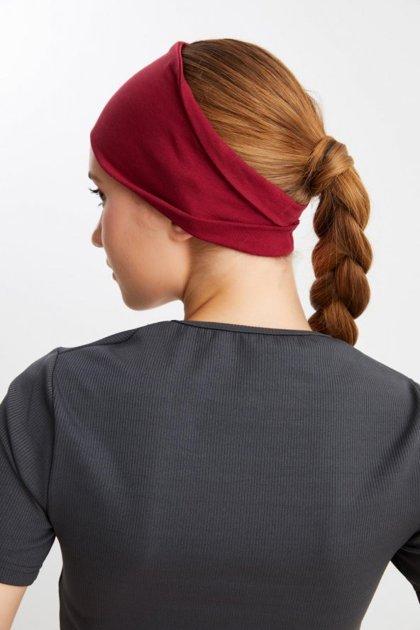 Bordo  Kadın ÇİFT TARAFLI kullanım alternatifli, Pamuklu Penye, Kaymaz, Hafif, Spor Saç Bandı Bandana - Resim 7