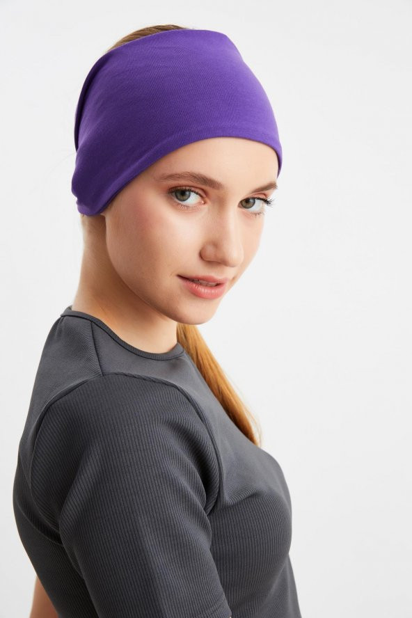 Mor  Kadın ÇİFT TARAFLI kullanım alternatifli, Pamuklu Penye, Kaymaz, Hafif, Spor Saç Bandı Bandana - Resim 2