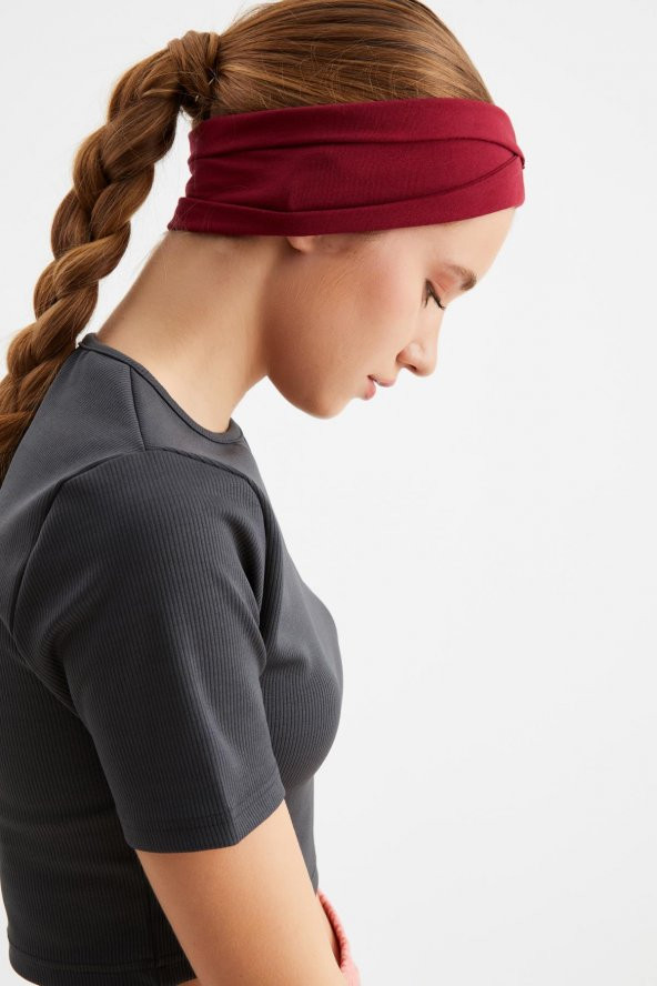 Bordo  Kadın ÇİFT TARAFLI kullanım alternatifli, Pamuklu Penye, Kaymaz, Hafif, Spor Saç Bandı Bandana - Resim 8