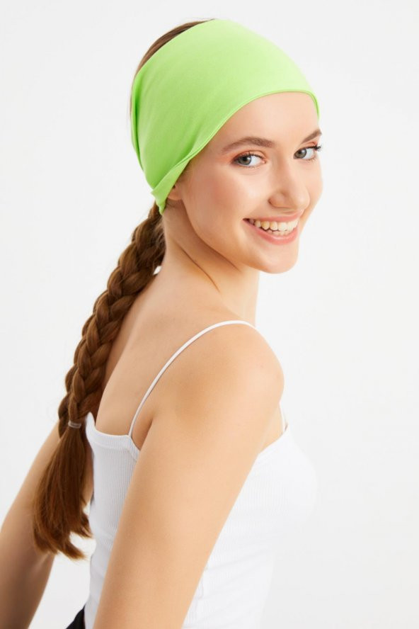 Fıstık Yeşil  Kadın ÇİFT TARAFLI kullanım alternatifli, Pamuklu Penye, Kaymaz, Hafif, Spor Saç Bandı Bandana - Resim 2