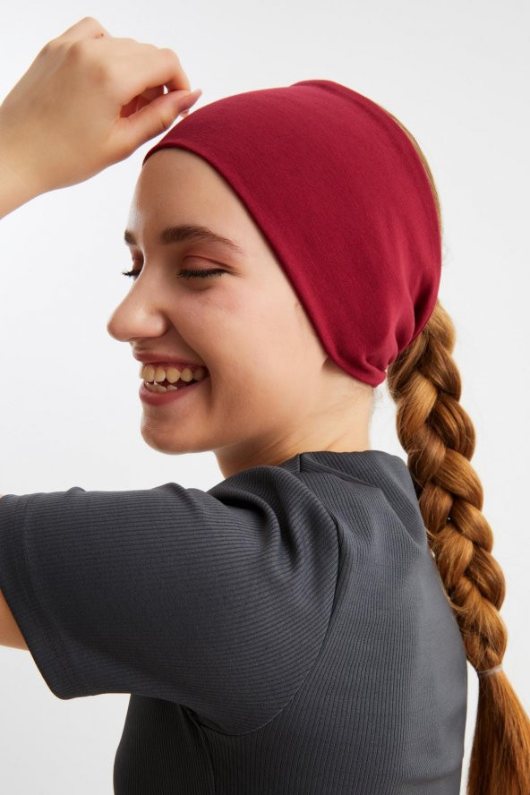 Bordo  Kadın ÇİFT TARAFLI kullanım alternatifli, Pamuklu Penye, Kaymaz, Hafif, Spor Saç Bandı Bandana - Resim 9