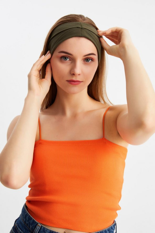 Haki  Kadın ÇİFT TARAFLI kullanım alternatifli, Pamuklu Penye, Kaymaz, Hafif, Spor Saç Bandı Bandana - Resim 7