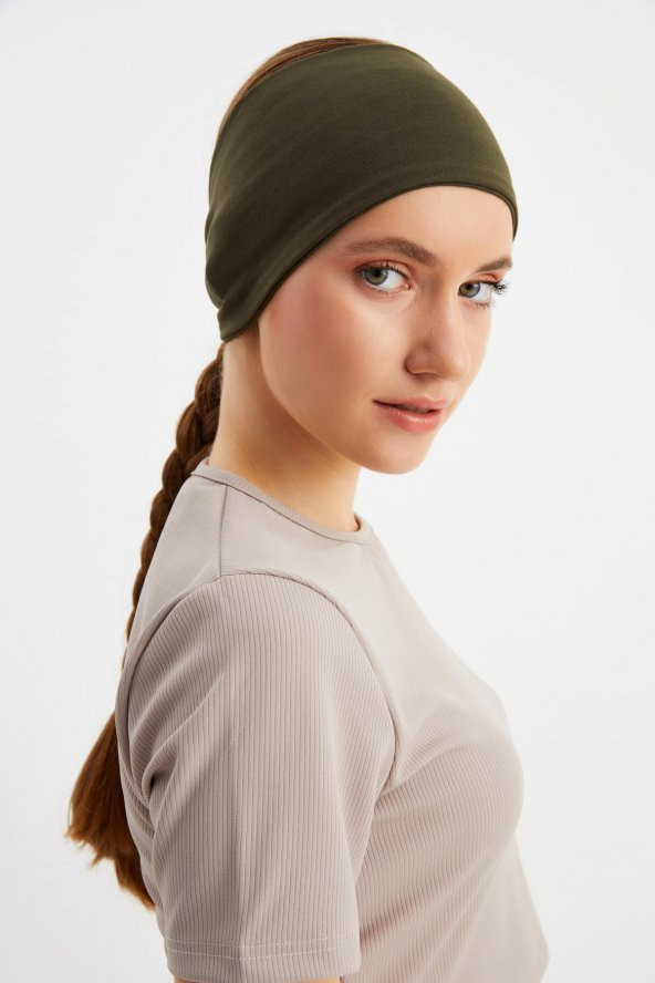 Koyu Yeşil  Kadın ÇİFT TARAFLI kullanım alternatifli, Pamuklu Penye, Kaymaz, Hafif, Spor Saç Bandı Bandana
