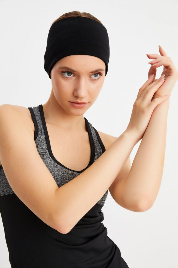 Siyah  Kadın ÇİFT TARAFLI kullanım alternatifli, Pamuklu Penye, Kaymaz, Hafif, Spor Saç Bandı Bandana - Resim 2