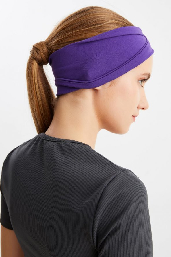 Mor  Kadın ÇİFT TARAFLI kullanım alternatifli, Pamuklu Penye, Kaymaz, Hafif, Spor Saç Bandı Bandana - Resim 7