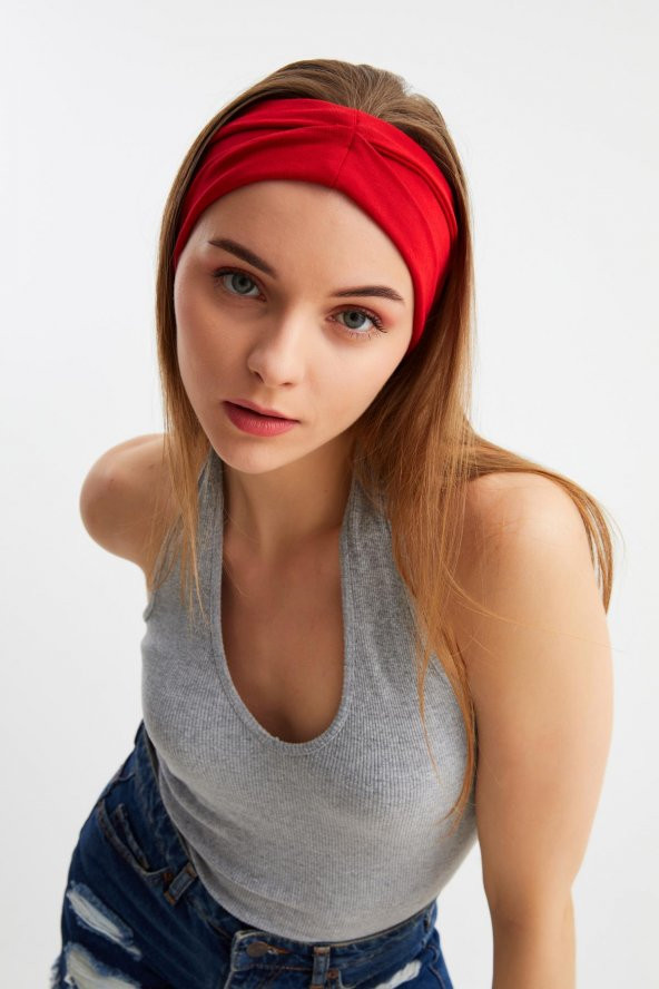 Kırmızı  Kadın ÇİFT TARAFLI kullanım alternatifli, Pamuklu Penye, Kaymaz, Hafif, Spor Saç Bandı Bandana - 3