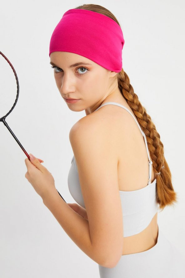 Fuşya  Kadın ÇİFT TARAFLI kullanım alternatifli, Pamuklu Penye, Kaymaz, Hafif, Spor Saç Bandı Bandana - 2