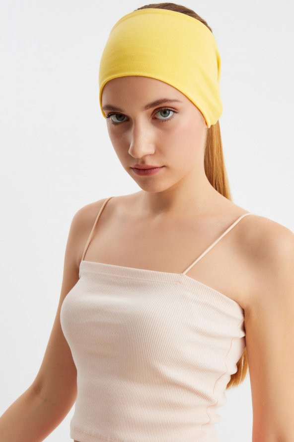 Sarı  Kadın ÇİFT TARAFLI kullanım alternatifli, Pamuklu Penye, Kaymaz, Hafif, Spor Saç Bandı Bandana ürün görseli 1