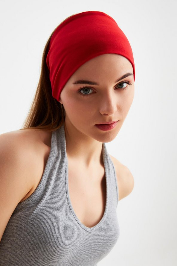 Kırmızı  Kadın ÇİFT TARAFLI kullanım alternatifli, Pamuklu Penye, Kaymaz, Hafif, Spor Saç Bandı Bandana - 4