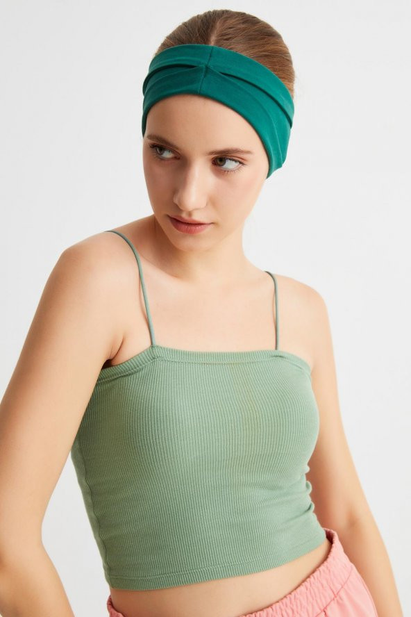 Zümrüt Yeşil  Kadın ÇİFT TARAFLI kullanım alternatifli, Pamuklu Penye, Kaymaz, Hafif, Spor Saç Bandı Bandana - 2