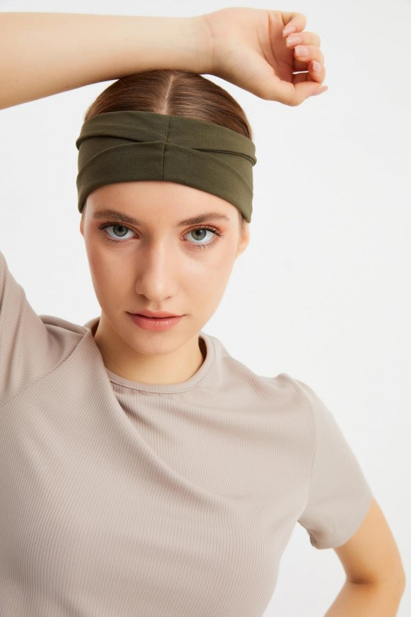 Koyu Yeşil  Kadın ÇİFT TARAFLI kullanım alternatifli, Pamuklu Penye, Kaymaz, Hafif, Spor Saç Bandı Bandana - 3