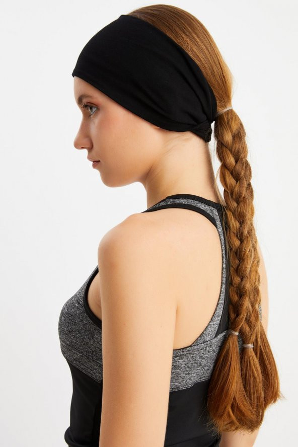 Siyah  Kadın ÇİFT TARAFLI kullanım alternatifli, Pamuklu Penye, Kaymaz, Hafif, Spor Saç Bandı Bandana - Resim 4