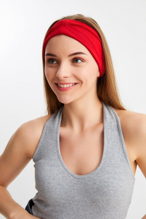 Kırmızı  Kadın ÇİFT TARAFLI kullanım alternatifli, Pamuklu Penye, Kaymaz, Hafif, Spor Saç Bandı Bandana - 5