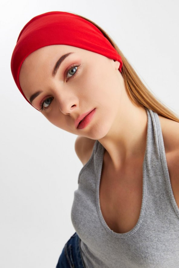 Kırmızı  Kadın ÇİFT TARAFLI kullanım alternatifli, Pamuklu Penye, Kaymaz, Hafif, Spor Saç Bandı Bandana - 6