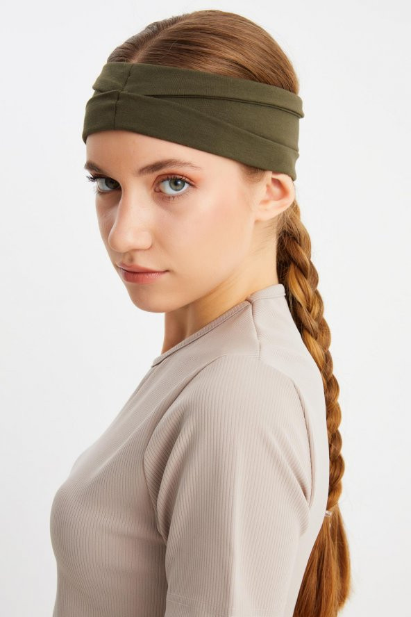 Koyu Yeşil  Kadın ÇİFT TARAFLI kullanım alternatifli, Pamuklu Penye, Kaymaz, Hafif, Spor Saç Bandı Bandana - 5