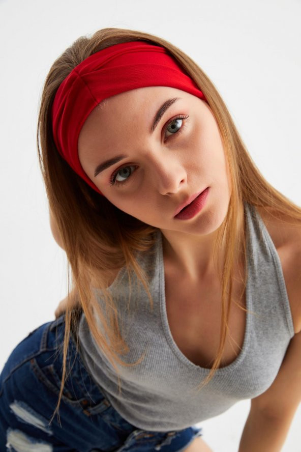 Kırmızı  Kadın ÇİFT TARAFLI kullanım alternatifli, Pamuklu Penye, Kaymaz, Hafif, Spor Saç Bandı Bandana - 7