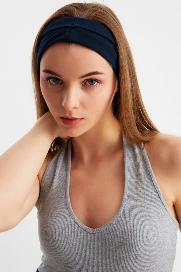 Lacivert  Kadın ÇİFT TARAFLI kullanım alternatifli, Pamuklu Penye, Kaymaz, Hafif, Spor Saç Bandı Bandana - Resim 3