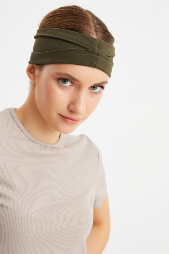 Koyu Yeşil  Kadın ÇİFT TARAFLI kullanım alternatifli, Pamuklu Penye, Kaymaz, Hafif, Spor Saç Bandı Bandana - 7
