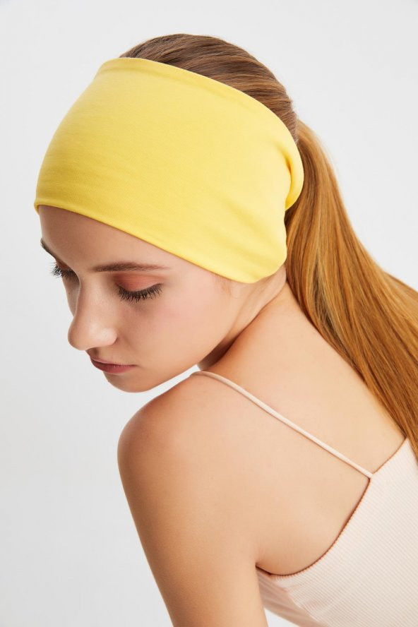 Sarı  Kadın ÇİFT TARAFLI kullanım alternatifli, Pamuklu Penye, Kaymaz, Hafif, Spor Saç Bandı Bandana - Resim 6