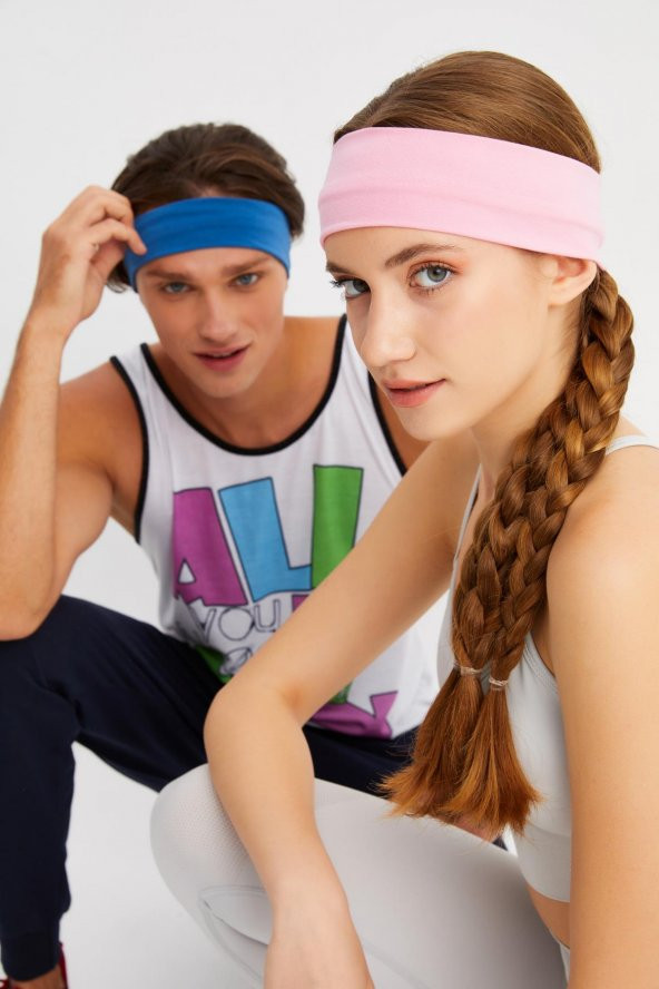 Pembe-Mavi  2'li Pamuklu Penye, Kaymaz, Terletmez, Ultra Hafif, Spor Saç Bandı Bandana