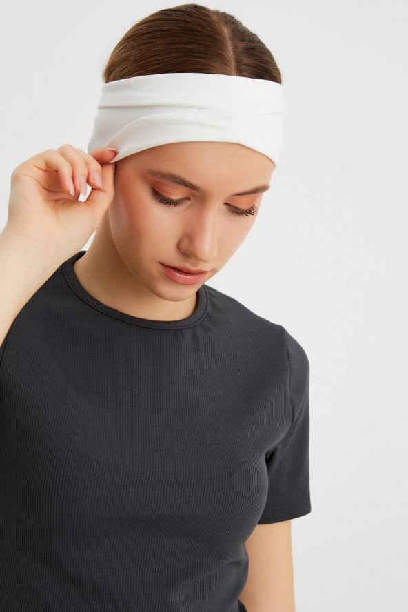 Beyaz  Kadın ÇİFT TARAFLI kullanım alternatifli, Pamuklu Penye, Kaymaz, Hafif, Spor Saç Bandı Bandana - 4