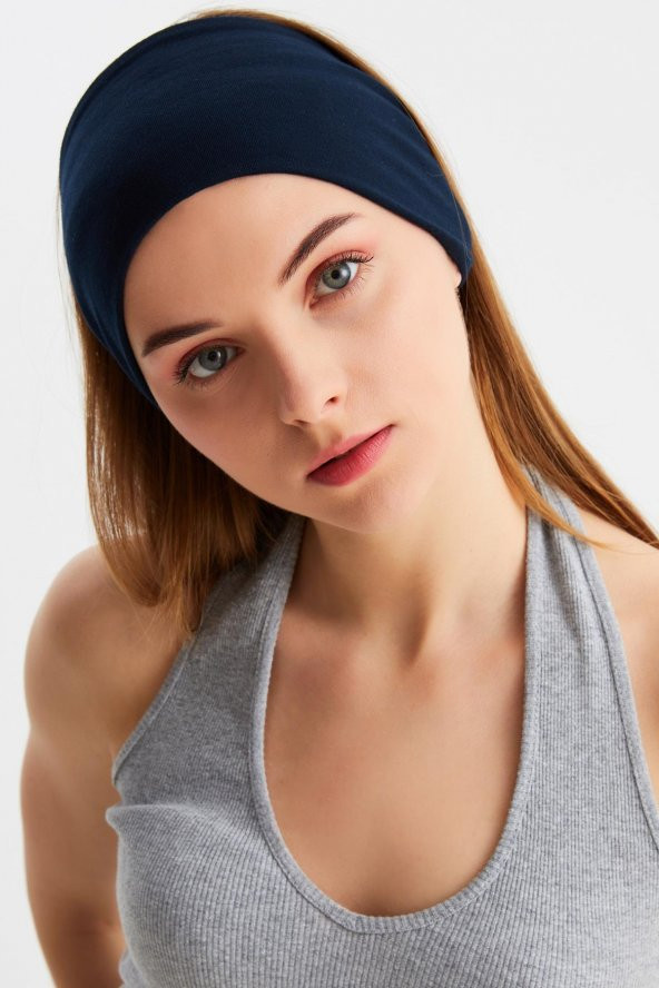 Lacivert  Kadın ÇİFT TARAFLI kullanım alternatifli, Pamuklu Penye, Kaymaz, Hafif, Spor Saç Bandı Bandana - Resim 4