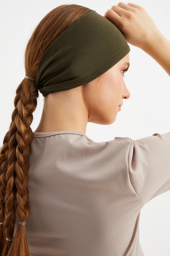 Koyu Yeşil  Kadın ÇİFT TARAFLI kullanım alternatifli, Pamuklu Penye, Kaymaz, Hafif, Spor Saç Bandı Bandana - 8