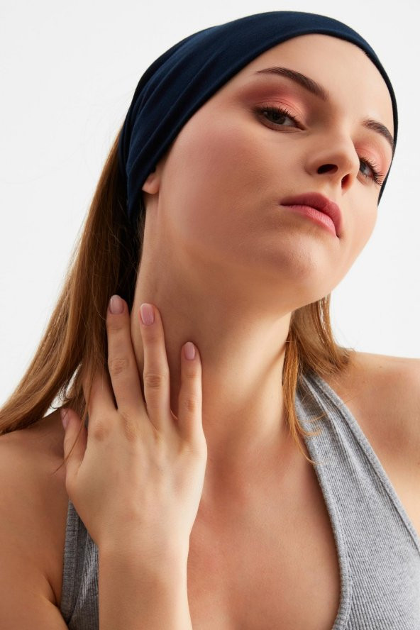 Lacivert  Kadın ÇİFT TARAFLI kullanım alternatifli, Pamuklu Penye, Kaymaz, Hafif, Spor Saç Bandı Bandana - Resim 7