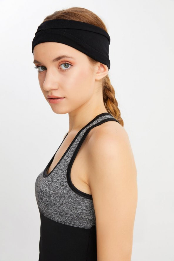 Siyah  Kadın ÇİFT TARAFLI kullanım alternatifli, Pamuklu Penye, Kaymaz, Hafif, Spor Saç Bandı Bandana - Resim 6