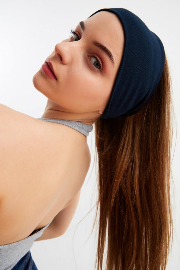 Lacivert  Kadın ÇİFT TARAFLI kullanım alternatifli, Pamuklu Penye, Kaymaz, Hafif, Spor Saç Bandı Bandana - Resim 8